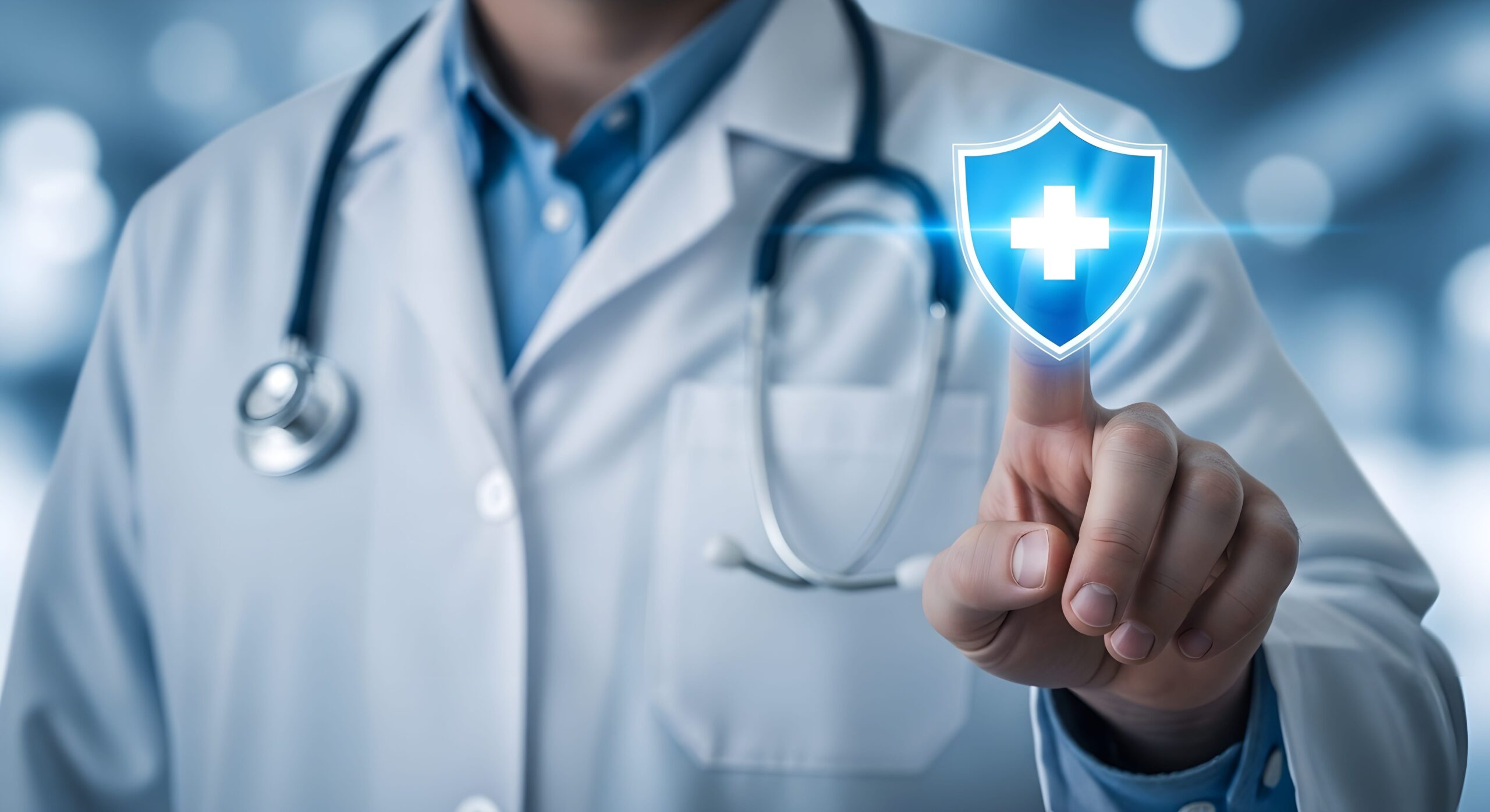 AdobeStock 1748538993 Ein Arzt in weißem Kittel berührt ein digitales Gesundheitssymbol mit einem Pluszeichen.