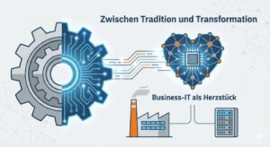 Grafik zeigt Verbindung zwischen traditionellem Zahnradsymbol und digitalem Herz, das Business-IT darstellt.