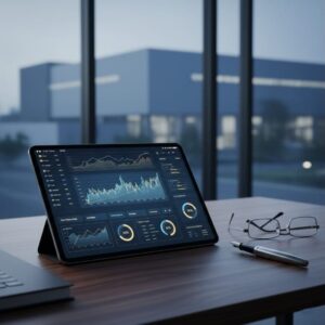 Tablet mit Datenanalysen und Diagrammen auf einem Schreibtisch, im Hintergrund ein modernes Gebäude und eine Brille.