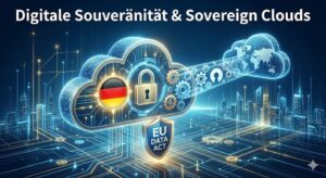 Digitale Souveränität und Sovereign Clouds symbolisiert durch eine Wolke, deutsches Flaggenmotiv und EU-Datenakt-Logo.