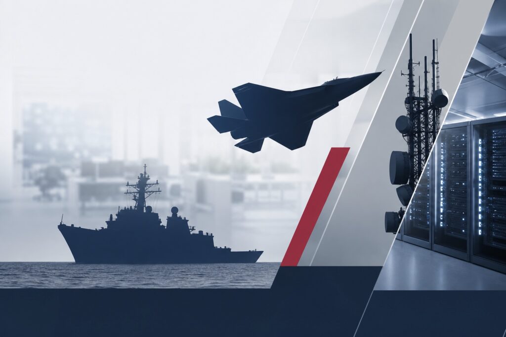 Ein Kriegsschiff und ein Kampfjet vor einem modernen Büro- und Technologiehintergrund.