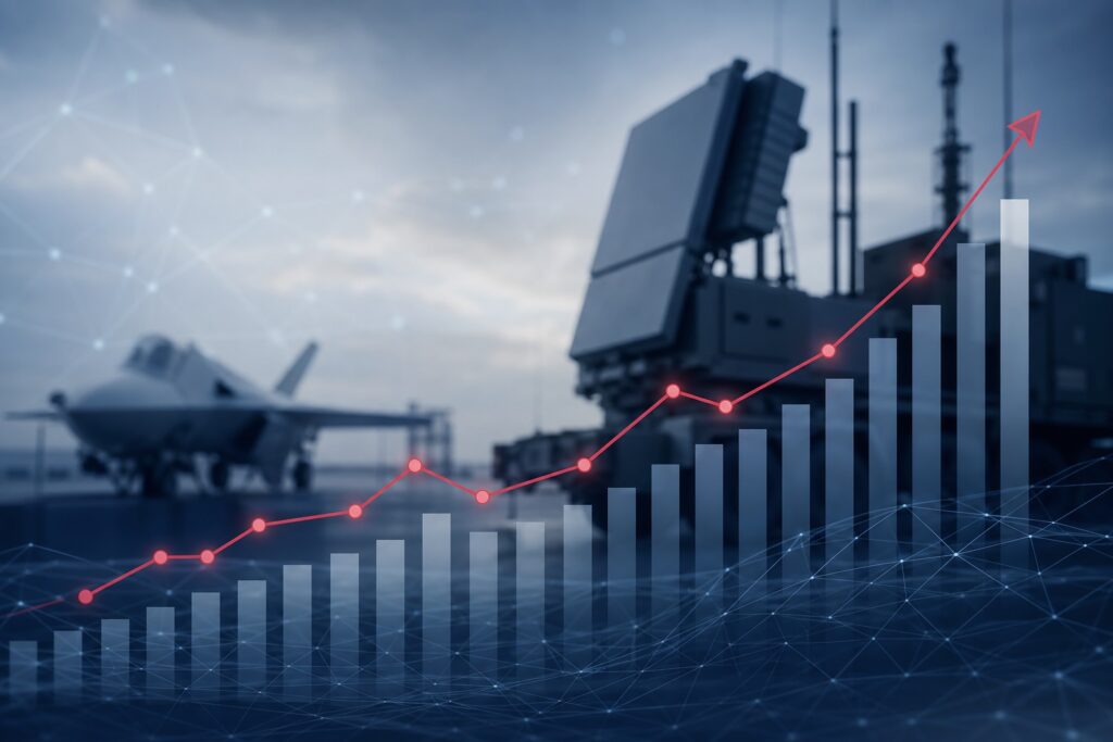 Ein militärisches Flugzeug im Hintergrund, vor einem Radar, mit einem aufsteigenden Diagramm im Vordergrund.