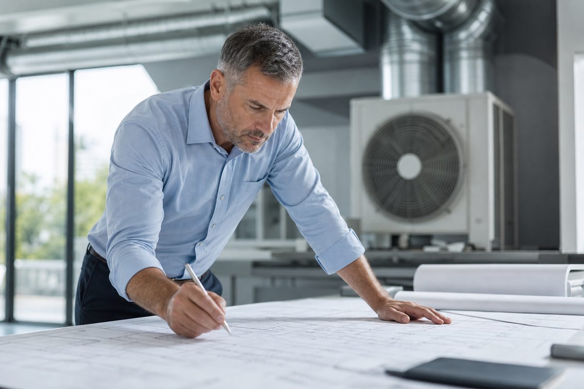 Ingenieur für Versorgungstechnik bei der Planung einer TGA-Anlage